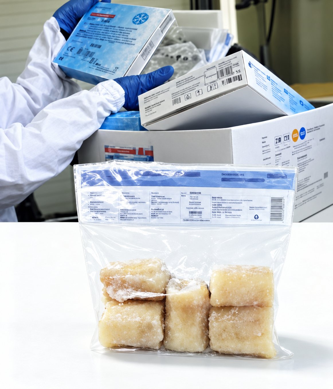 Un sachet de produits emballés au premier plan, une personne en blouse et gants manipule des cartons derrière